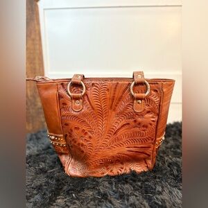American West Brown Embossed Leather Tote – Turquoise Accents, Buckles, Grommets